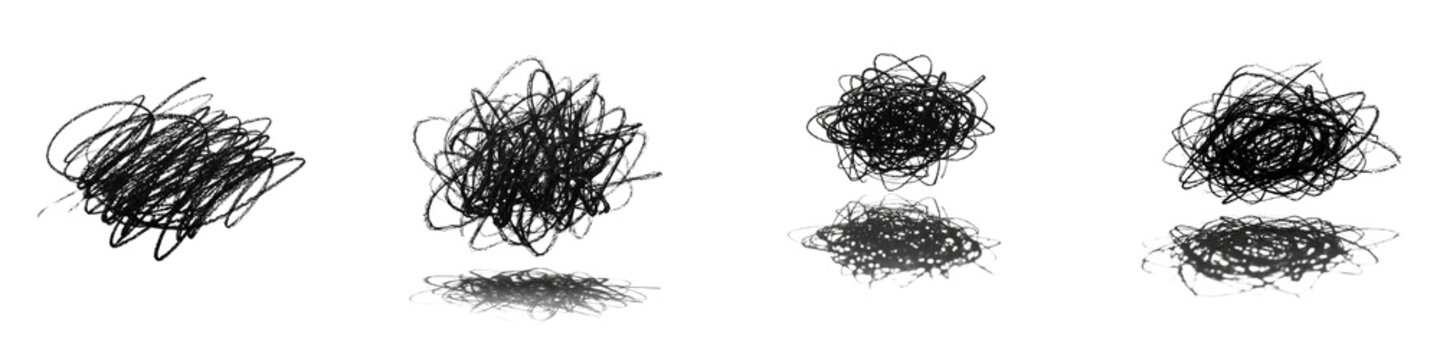 Set of hand drawn chaotic pencil scribbles on black background