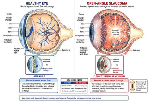 Comparison of healthy eye and open angle glaucoma anatomy with aqueous humor flow