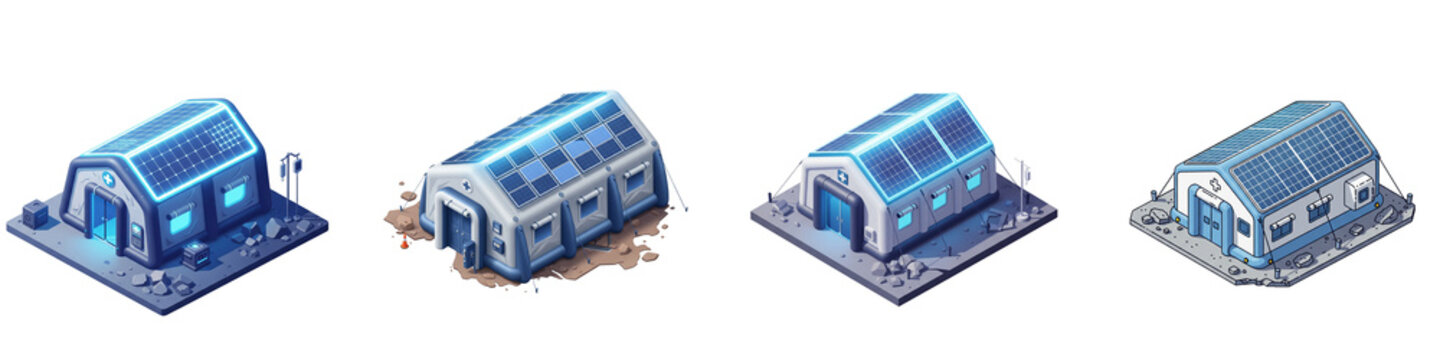 Set of isometric medical tent shelters with solar panels for field aid
