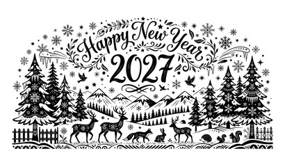 Fototapeta premium Happy New Year 2027 Nordic black ink winter landscape with animals snowflakes and calligraphy vector