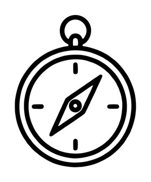 Antique pocket navigation compass featuring a round metallic casing top suspension ring and four cardinal dial notches, travel exploration vector icon rendered on a plain white background
