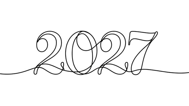 Minimalist line drawing of the year 2027 a single continuous stroke on transparent background twothousandtwentyseven date calendar time