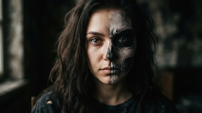 Woman with skull face makeup for Halloween costume.