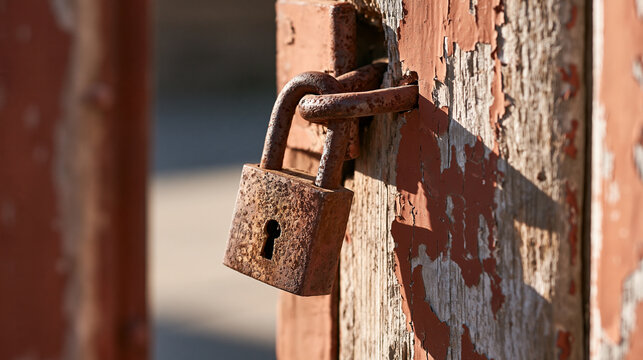 Close Vintage Padlock Attached to an Aged Door Latch