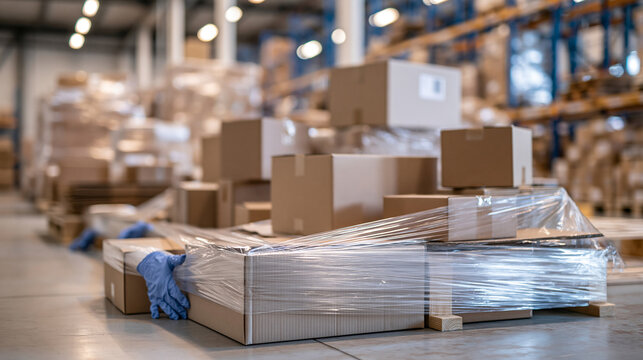 Worker Wrapping Cardboard Boxes on a Pallet Inside a Warehouse