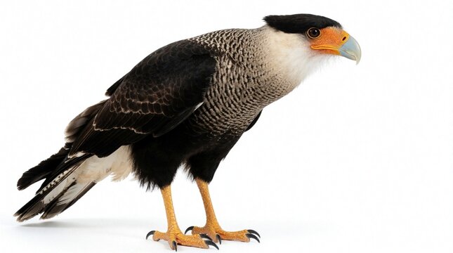 Northern crested caracara bird of prey stands with black and white plumage and orange facial skin. This raptor has a sharp hooked beak and yellow legs. The wild bird is isolated on a white background.