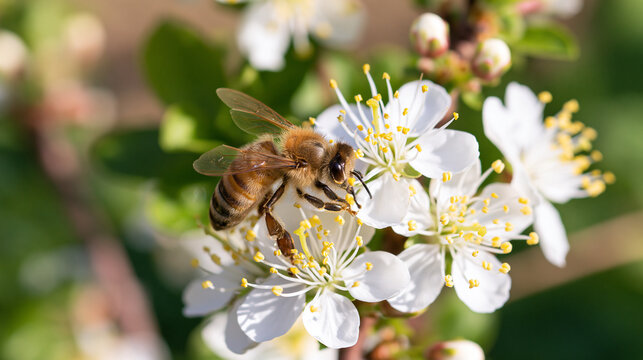 Honeybee Feeding on Delicate White Blossoms in Bright Spring Light