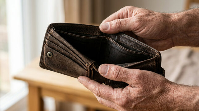 Wrinkled hands of an elderly man holding an empty shabby leather wallet close-up concept of low pension and social insecurity