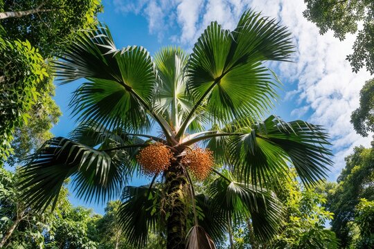 Moriche palm tree grows in tropical rainforest. Large green fan leaves spread under blue sky with white clouds. Orange fruit clusters hang from trunk in Amazon jungle. Exotic wild flora grows in