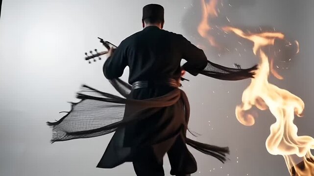 Man in traditional dark clothing playing a spiked fiddle kamancheh with a bow while performing next to a large burning fire in a dramatic studio setting