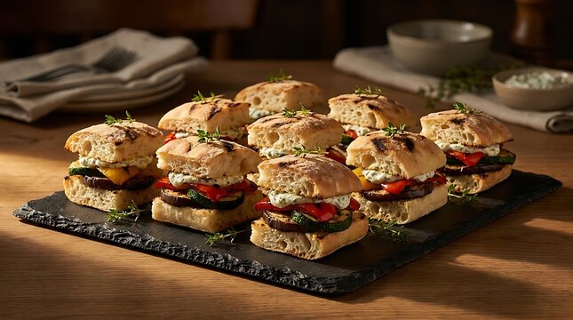 Fresh mini sandwiches with vegetables and grilled meat served on a black stone tray on a wooden table. Sandwich appetizer ideas