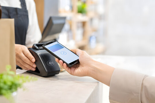 店舗レジでスマートフォンをかざして非接触決済する手元