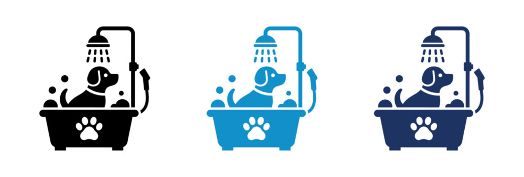 Dog Grooming Icons Set Featuring Puppy in Bathtub with Shower and Bubbles.