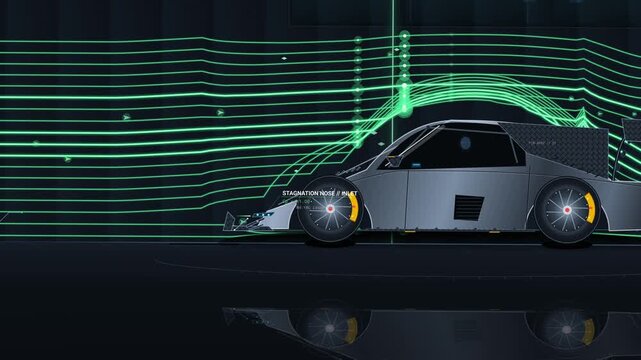 Animation of a sports car prototype in a wind tunnel demonstrating fluid dynamics with aerodynamic drag and downforce analysis using glowing green airflow visualization lines