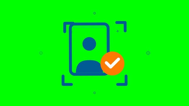 Identity verification animation with facial recognition scanning and checkmark icon on green screen background