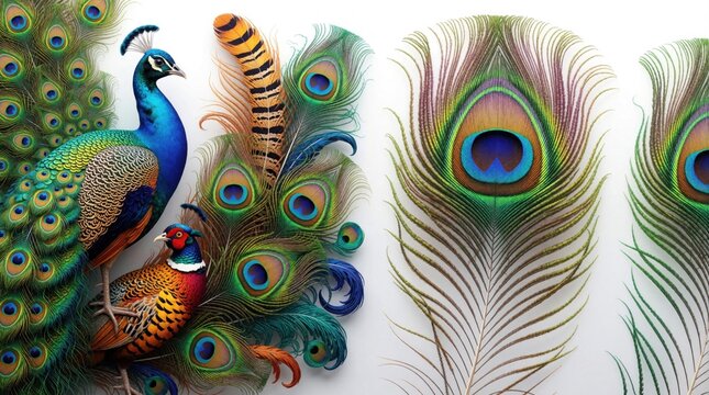 Colorful peacock, pheasant feathers create decorative art pattern. Vibrant bird plumage with eye spots, exotic textures forms elegant background. Bright tropical feathers show detailed macro beauty