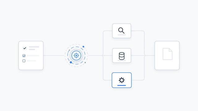 Data processing and workflow automation diagram with document analysis, search, database, and system settings illustration