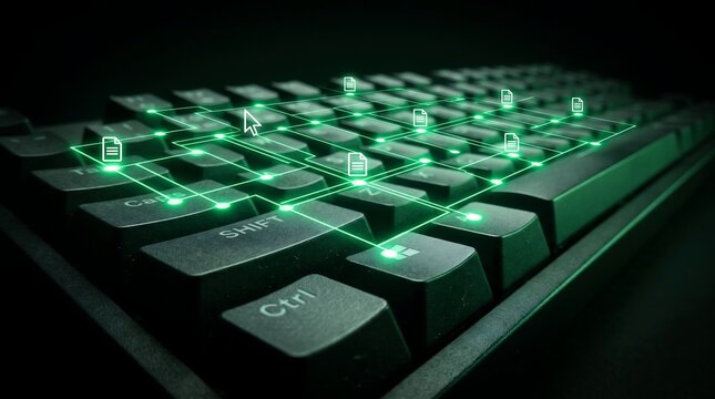 Glowing digital document icons connected by network lines over black computer keyboard representing cloud storage and file management systems with advanced technology concept for modern business data