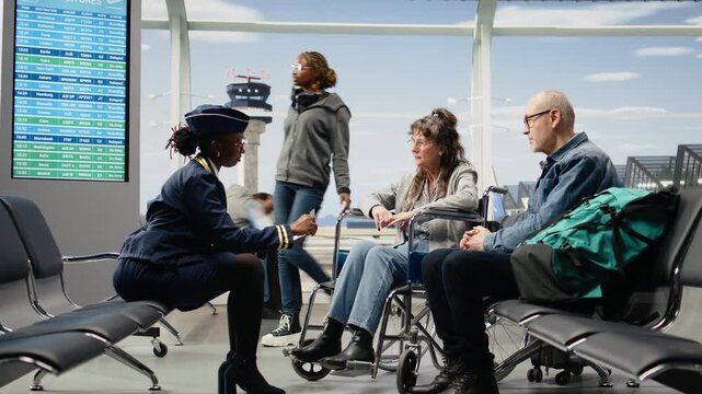 Cabin crew gives directions and helps an elderly woman in a wheelchair with a boarding pass and gate information at the airport for an accessible journey.