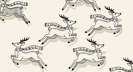Seamless pattern of jumping reindeer wearing winter scarves. © RAHAYU