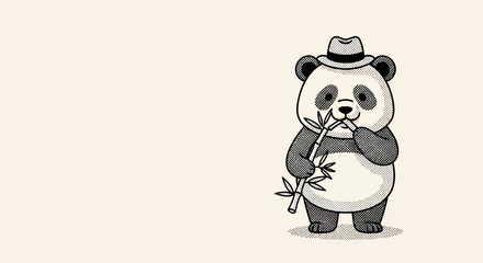 Stippled panda wearing a hat and holding bamboo stalk. © RAHAYU