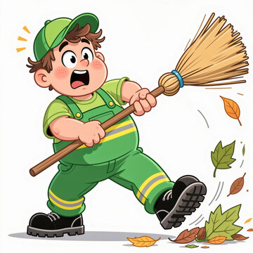Surprised youthful man in green jumpsuit sweeps leaves with giant broom on white background with wide-eyed grin and comical shock.