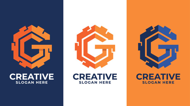 This logo design features a bold letter G rendered in geometric shapes and vibrant colors, illustrating a modern edge suitable for creative and tech industries.