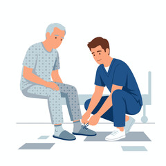 Fototapeta premium Caring Nurse Helps Elderly Patient Tie Shoelaces on Hospital Bedside