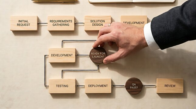 Project management workflow on wooden blocks, businessman hand organizing software development lifecycle stages, corporate strategy and product launch planning process visualization.
