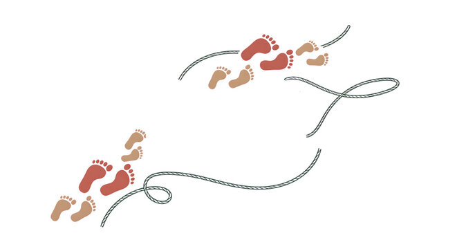 Footprints in a sequence following a rope path on a clean backdrop isolated on transparent background