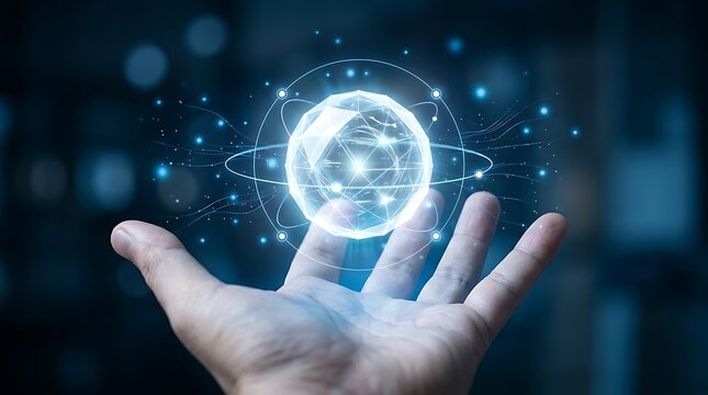 Futuristic digital globe glowing in palm of hand, global network technology and big data concept. Abstract blue light sphere with connection lines for cybersecurity and innovation.