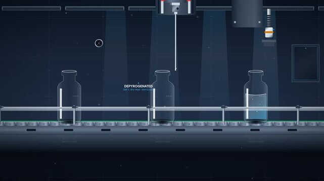 Animation of automated vaccine production line showcasing sterile infeed, dosage filling, robotic sealing, laser optical check, and cold chain dispatch in a modern pharmaceutical laboratory
