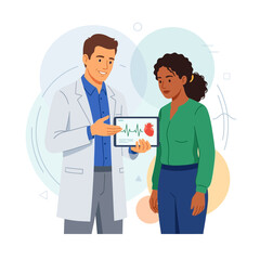 Fototapeta premium Doctor explains heart health to patient using digital tablet showing ECG waveform and heart