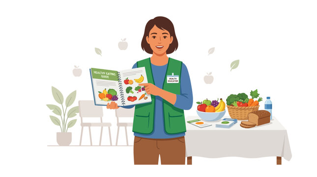 Health educator showing healthy eating guide and fresh food display at a presentation or workshop.