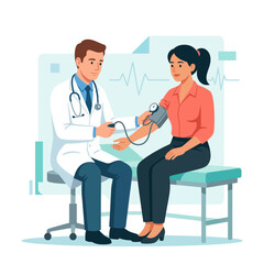 Obraz premium Doctor measuring patient's blood pressure in a modern, clean medical office illustration