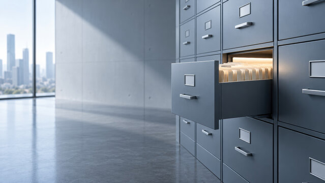 Open filing cabinet drawer revealing organized document storage system in modern minimalist office interior with natural light and urban city view through window
