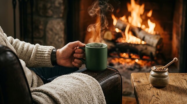 Person holding warm steaming coffee mug while relaxing in leather chair in front of cozy fireplace during winter season with honey dipper and jar on wooden side table for comfortable home atmosphere
