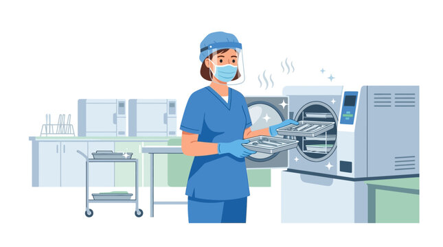 Healthcare Worker in PPE sterilizing medical instruments in an autoclave, hospital sterilization room vector illustration