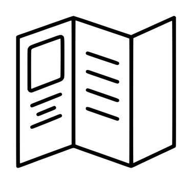 Simple black and white tri-fold brochure pamphlet vector icon illustration - minimal hand-drawn line art design of folded document flyer with text lines and image placeholder for business marketing
