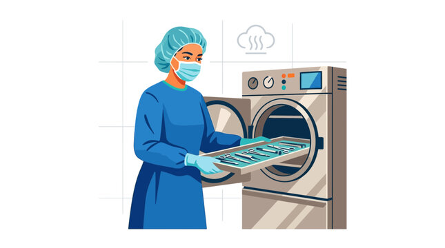 Nurse sterilizing medical instruments in an autoclave machine