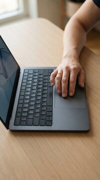 Hand Using Laptop Trackpad on a Light Wooden Desk