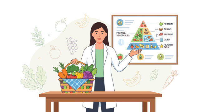 Nutritionist Explains Food Pyramid with Basket of Fresh Fruits and Vegetables