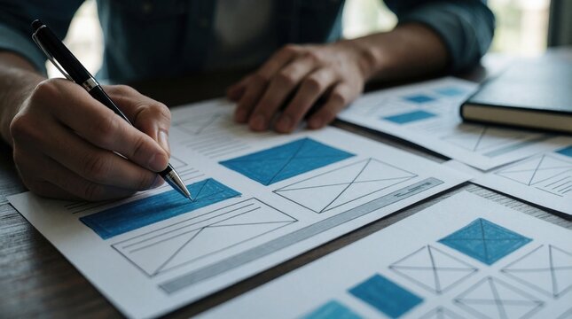 Designer hands draw website wireframes on paper using pen. Pro web developer plans digital interface layout, user experience strategy on desk. Creative person works on app prototype draft, creating