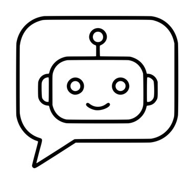 Minimalist chatbot speech bubble vector icon featuring friendly robot face with antenna and smile, digital communication symbol, hand-drawn illustration for messaging apps and customer support
