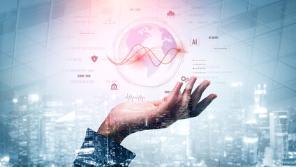 Obraz premium Global AI and data processing system enhances data, AI, and processing efficiency through digital network and global integration of intelligent technology Vouch