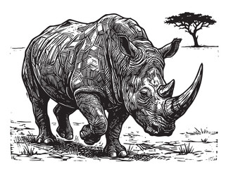Hand-drawn Black Rhino Vector with Etched Textured Skin, African Savanna Landscape with Acacia Tree, Monochromatic Ink Illustration of Wild Mammal © হরি চাঁদের চাঁদ