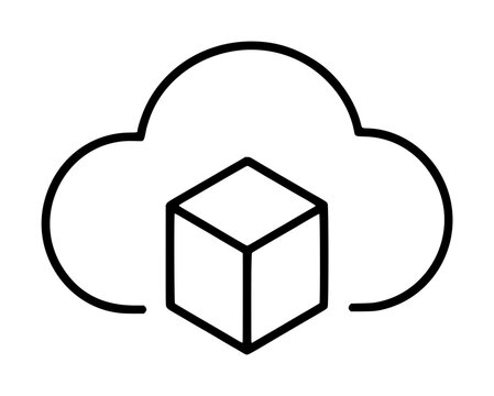 Cloud Computing Container Vector Icon - Simple black outline illustration of a cloud with a cube storage pod inside, representing cloud infrastructure, hosting, and digital storage solutions for