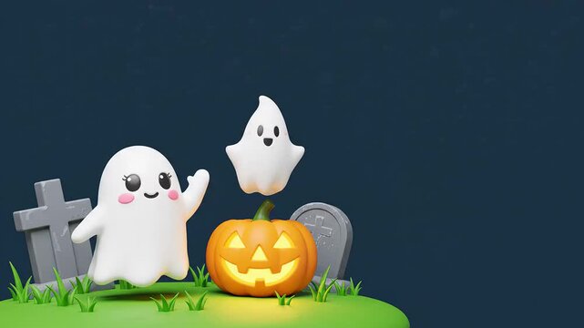 A cute 3D cartoon ghost waving next to a glowing jack o lantern in a graveyard for a fun Halloween animation video background and festive party design concept.