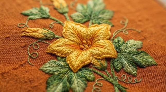 Yellow star shaped blossom embroidery on rustic orange linen fabric showcases high relief stumpwork techniques for textile arts.