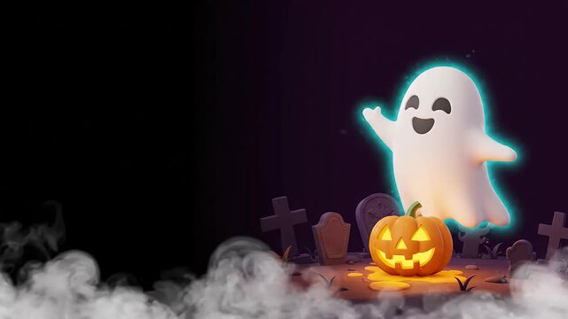 A cute white ghost floating near a glowing carved pumpkin in a spooky graveyard with rolling mist, rendered in 3D animation style for seasonal Halloween holiday party video backdrops.